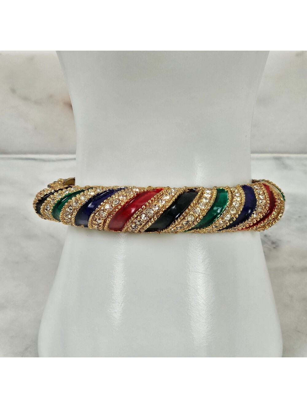 Vintage Les Bernard Inc Multicolor Enamel Rhinestone Hinged Bangle Bracelet